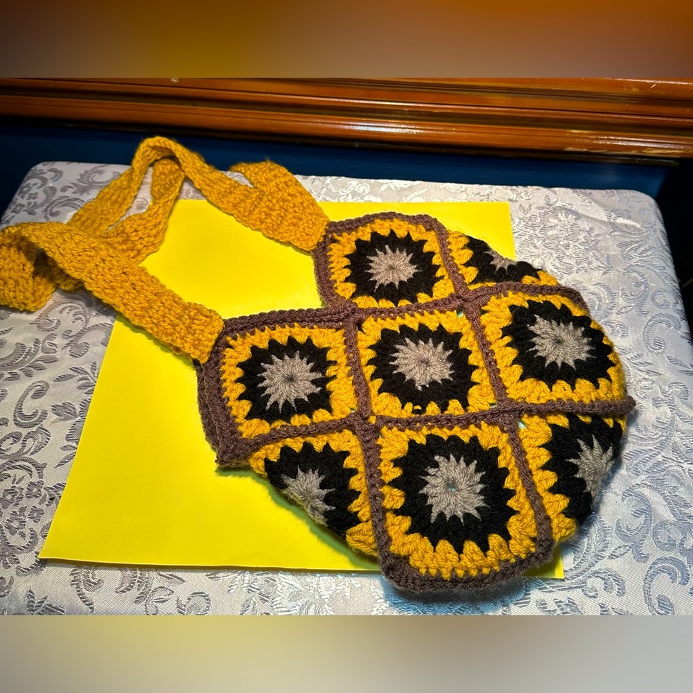 Granny Square Bag Knit Crochet Shoulder Bag Handmade Vintage Yellow And Black